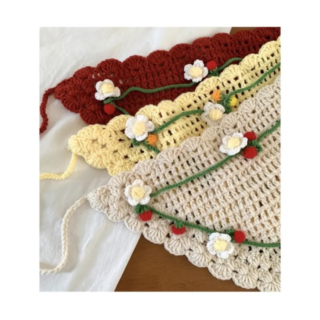 Handmade Crochet Floral Bandana – Beige Triangle Headscarf with 3D Embroidered Flowers