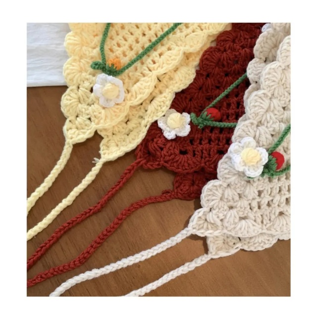 Handmade Crochet Floral Bandana – Beige Triangle Headscarf with 3D Embroidered Flowers