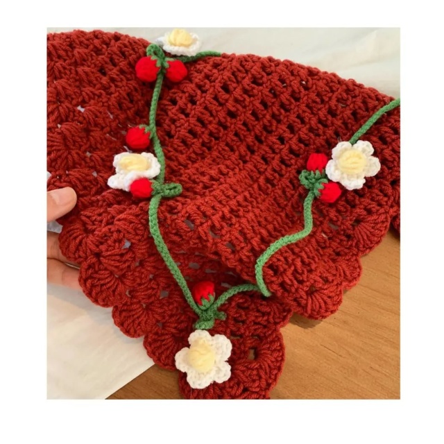 Handmade Crochet Floral Bandana – Beige Triangle Headscarf with 3D Embroidered Flowers