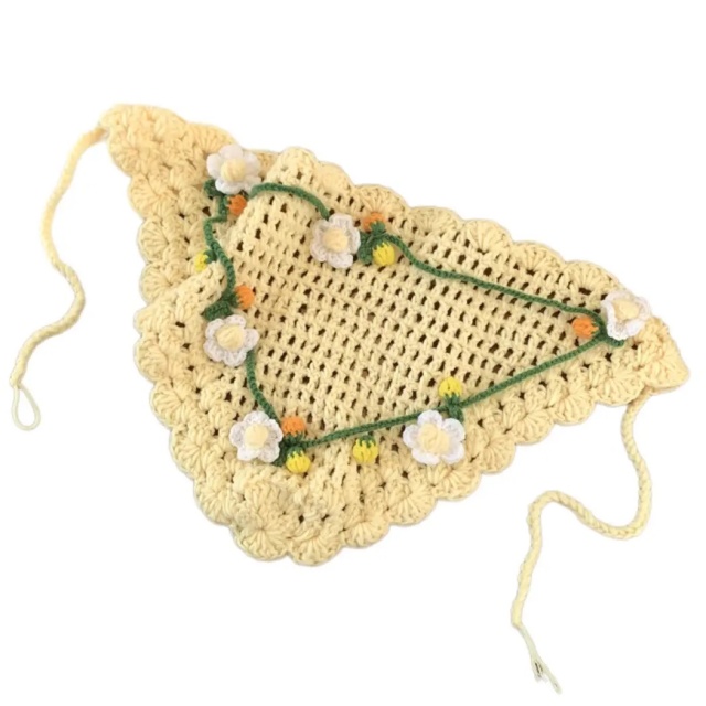 Handmade Crochet Floral Bandana – Beige Triangle Headscarf with 3D Embroidered Flowers