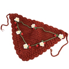 Handmade Crochet Floral Bandana – Beige Triangle Headscarf with 3D Embroidered Flowers