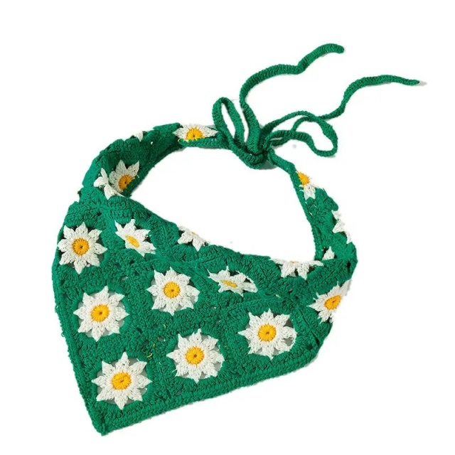 Handmade Crochet Daisy Bandana – Green Granny Square Triangle Headscarf