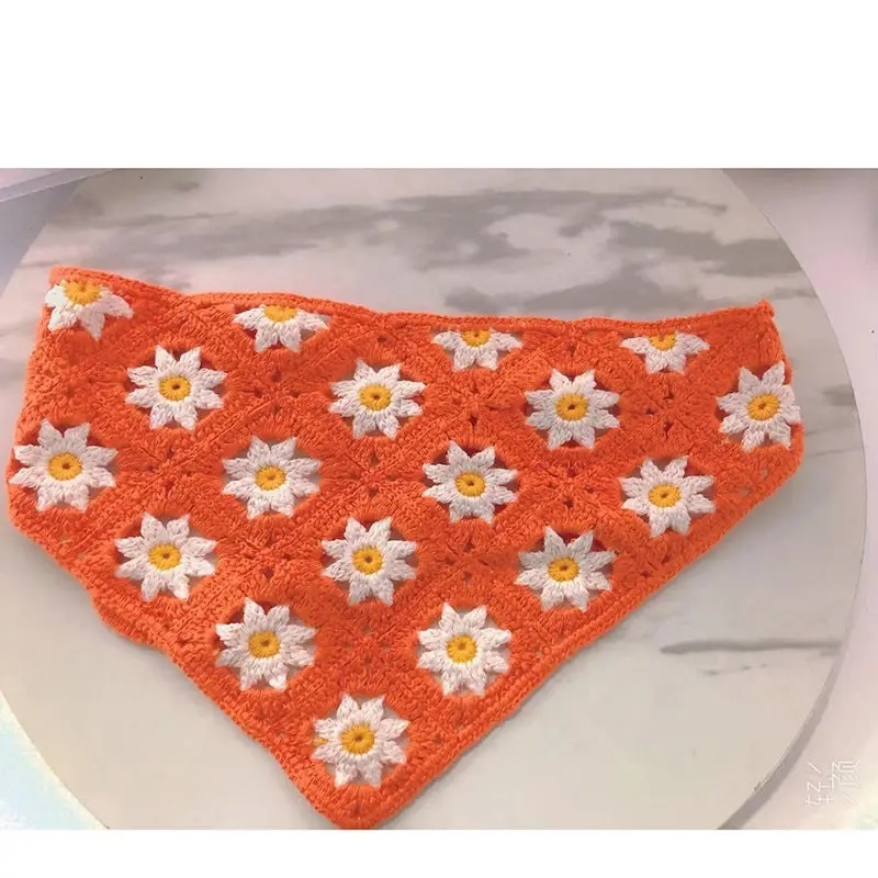 Handmade Crochet Daisy Bandana – Green Granny Square Triangle Headscarf