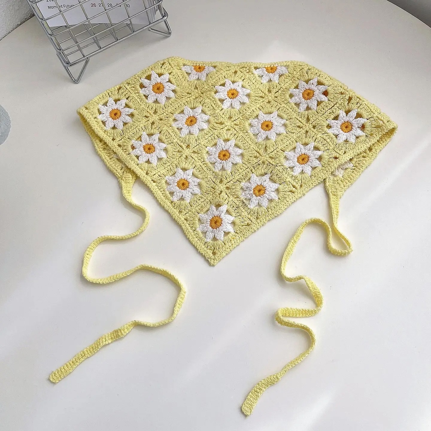 Handmade Crochet Daisy Bandana – Green Granny Square Triangle Headscarf