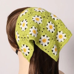 Handmade Crochet Daisy Bandana – Green Granny Square Triangle Headscarf