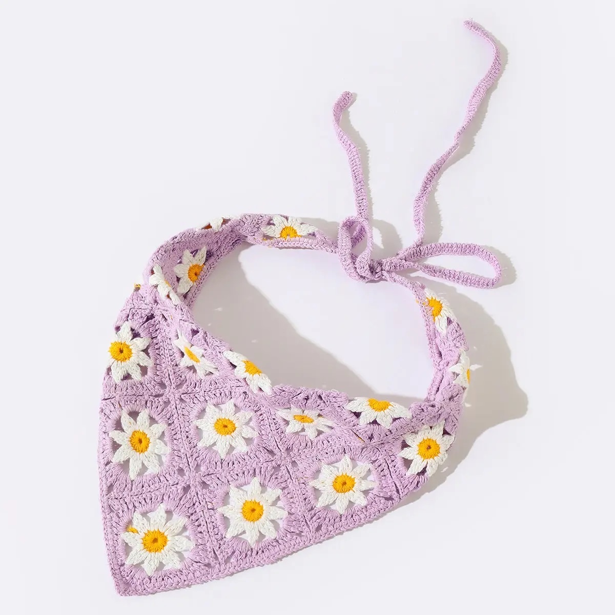 Handmade Crochet Daisy Bandana – Green Granny Square Triangle Headscarf
