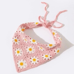 Handmade Crochet Daisy Bandana – Green Granny Square Triangle Headscarf