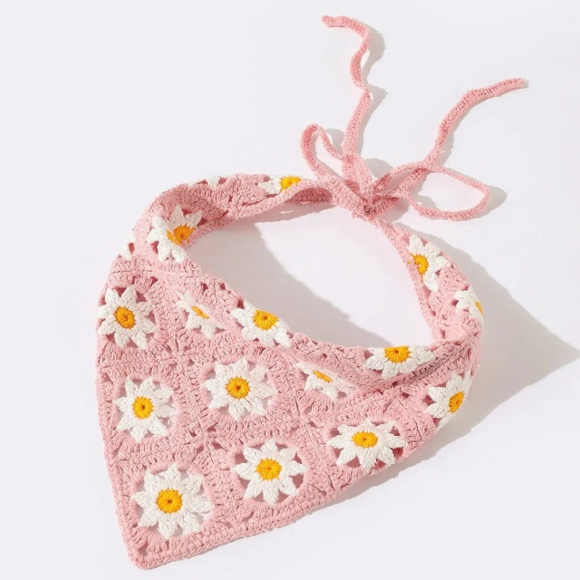 Handmade Crochet Daisy Bandana – Green Granny Square Triangle Headscarf
