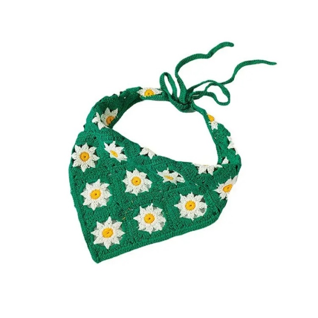 Handmade Crochet Daisy Bandana – Green Granny Square Triangle Headscarf