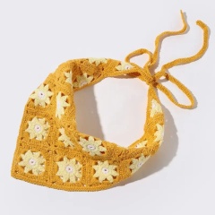 Handmade Crochet Daisy Bandana – Green Granny Square Triangle Headscarf