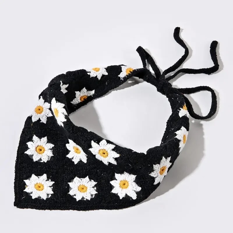 Handmade Crochet Daisy Bandana – Green Granny Square Triangle Headscarf