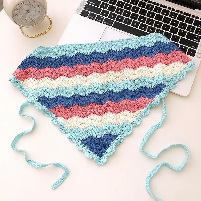 Handmade Crochet Wave Stripe Bandana – Colorful Retro Triangle Headscarf