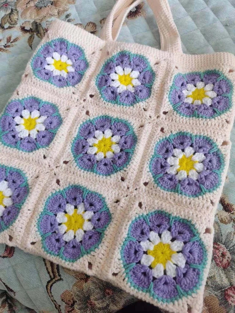 Handmade Crochet Flower Tote Bag – Boho Granny Square Shoulder Bag