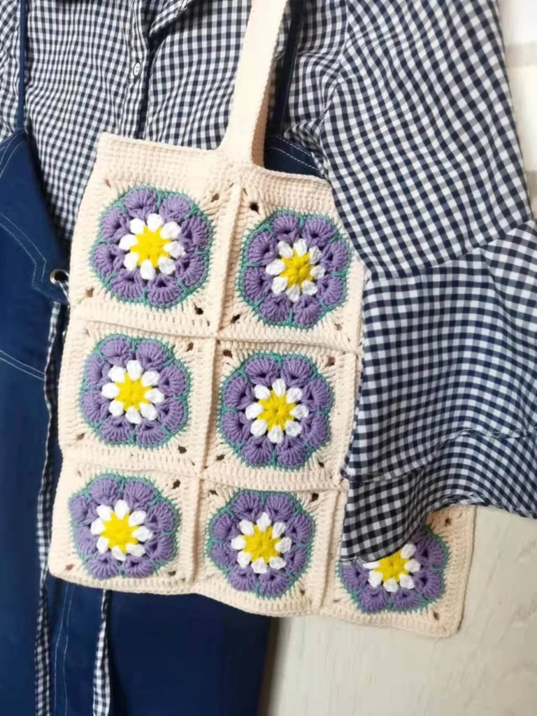 Handmade Crochet Flower Tote Bag – Boho Granny Square Shoulder Bag