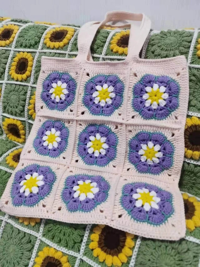 Handmade Crochet Flower Tote Bag – Boho Granny Square Shoulder Bag