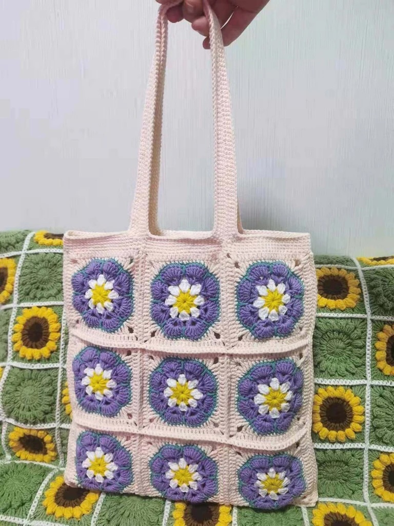 Handmade Crochet Flower Tote Bag – Boho Granny Square Shoulder Bag