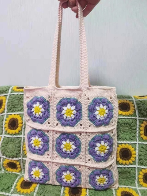 Handmade Crochet Flower Tote Bag – Boho Granny Square Shoulder Bag