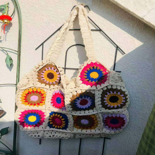 Bohemian Crochet Granny Square Tote Bag
