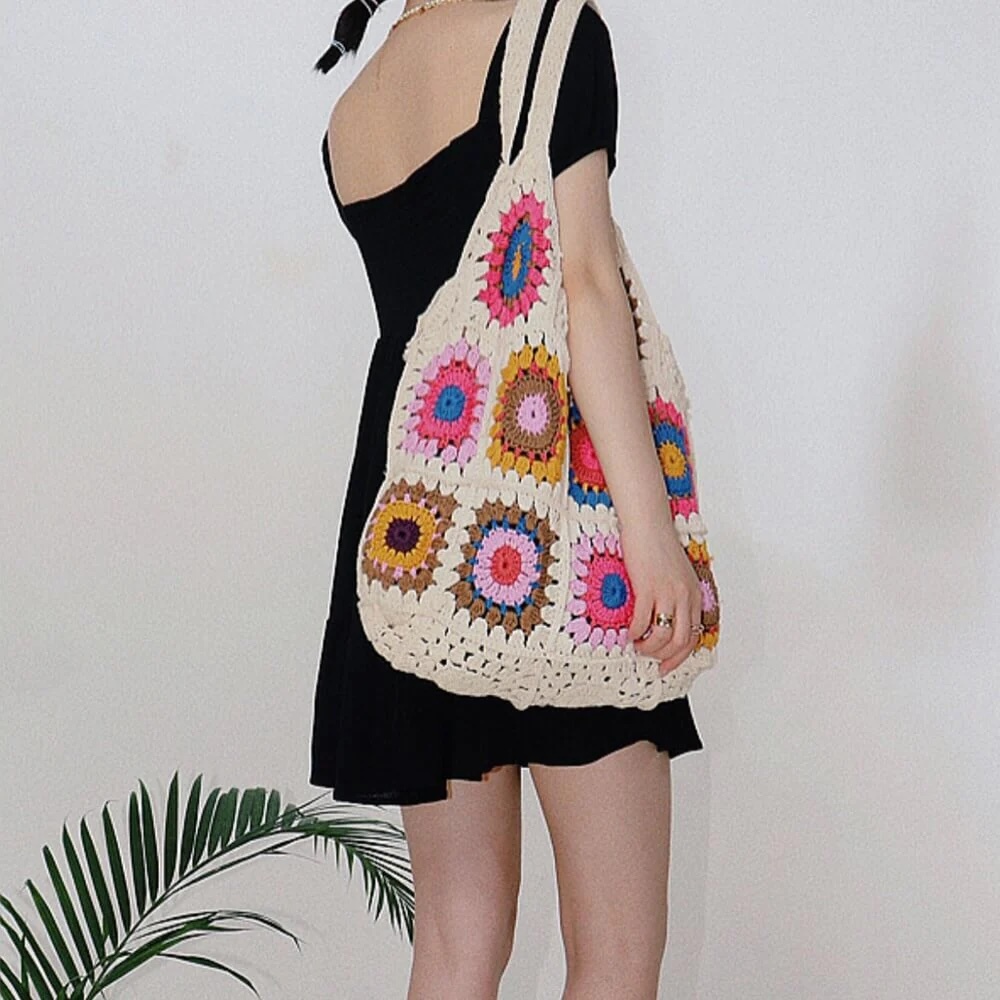 Bohemian Crochet Granny Square Tote Bag