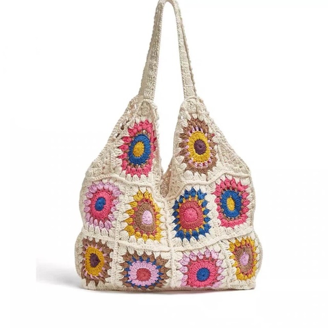 Bohemian Crochet Granny Square Tote Bag