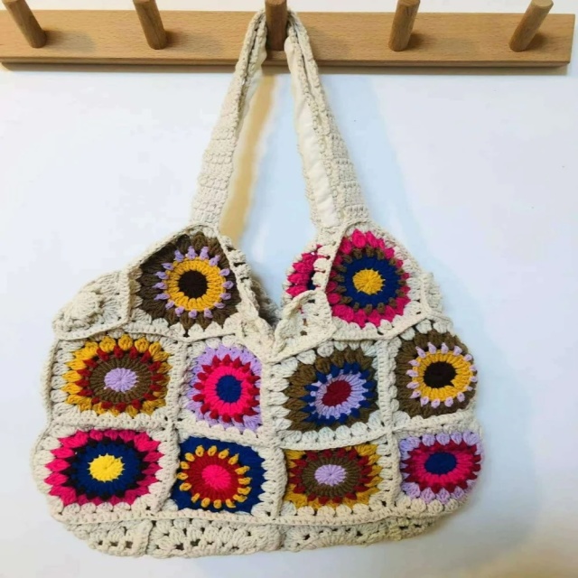 Bohemian Crochet Granny Square Tote Bag