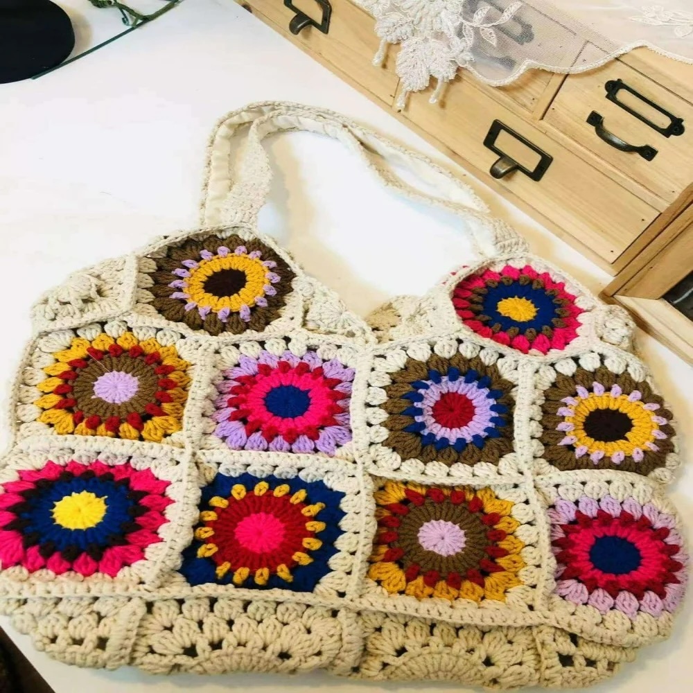 Bohemian Crochet Granny Square Tote Bag
