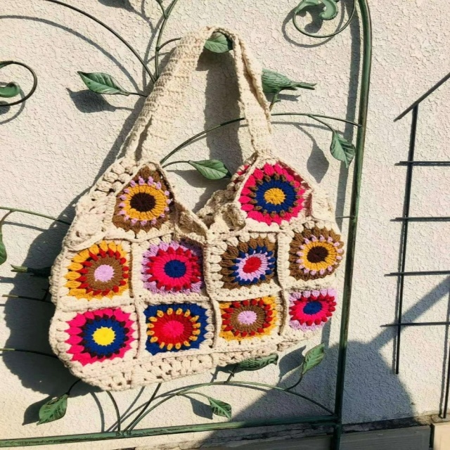 Bohemian Crochet Granny Square Tote Bag