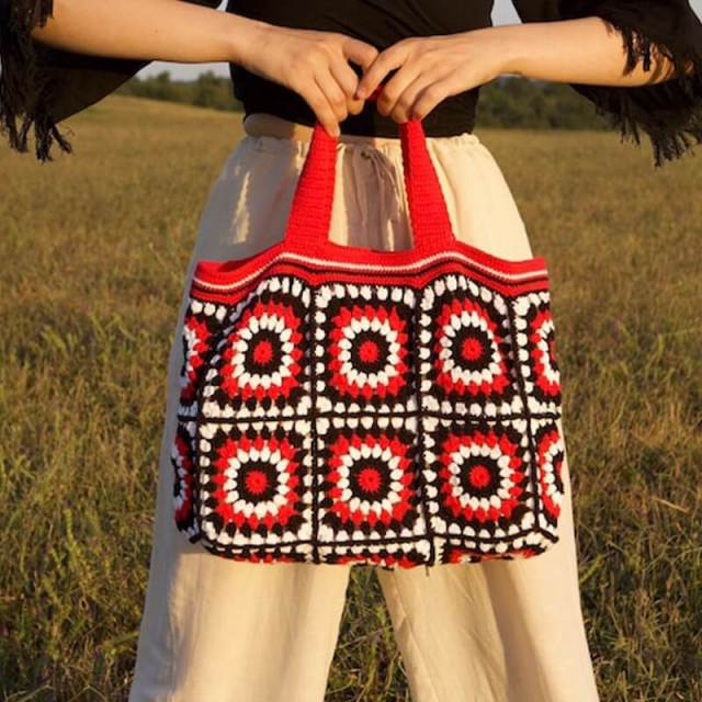 Retro Crochet Granny Square Tote Bag