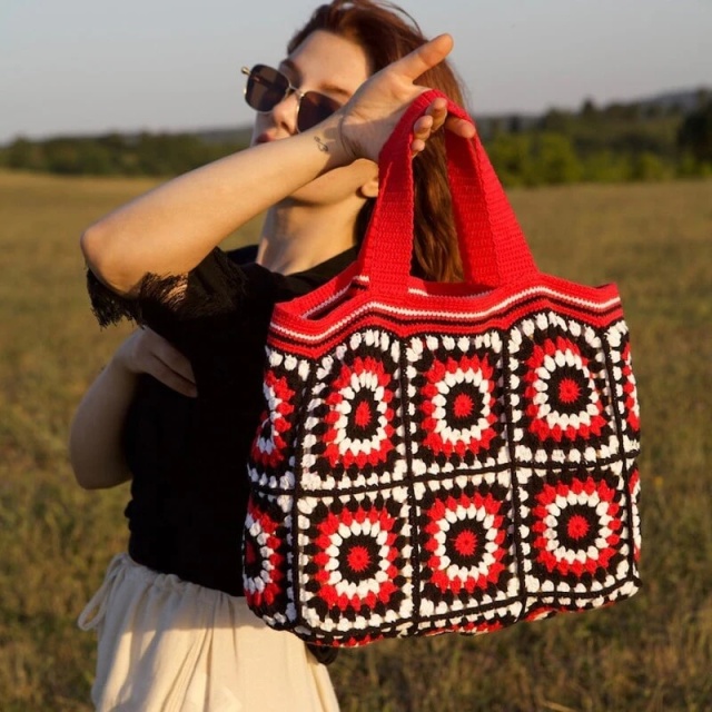 Retro Crochet Granny Square Tote Bag