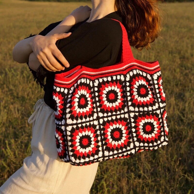 Retro Crochet Granny Square Tote Bag
