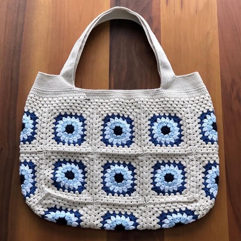 Hand-Crocheted Boho Circle Pattern Tote Bag