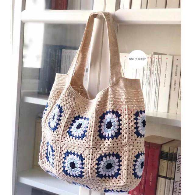 Hand-Crocheted Boho Circle Pattern Tote Bag