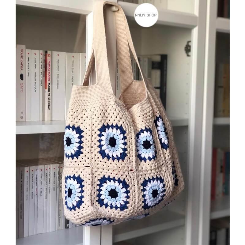 Hand-Crocheted Boho Circle Pattern Tote Bag