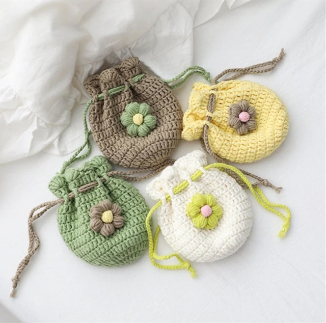 Hand-Crocheted Flower Drawstring Pouch Bag