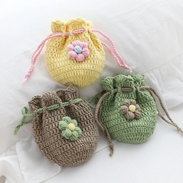Hand-Crocheted Flower Drawstring Pouch Bag