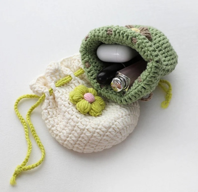 Hand-Crocheted Flower Drawstring Pouch Bag