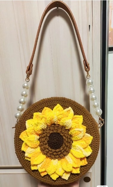 Handmade Crochet Sunflower Round Shoulder Bag with Pearl Strap