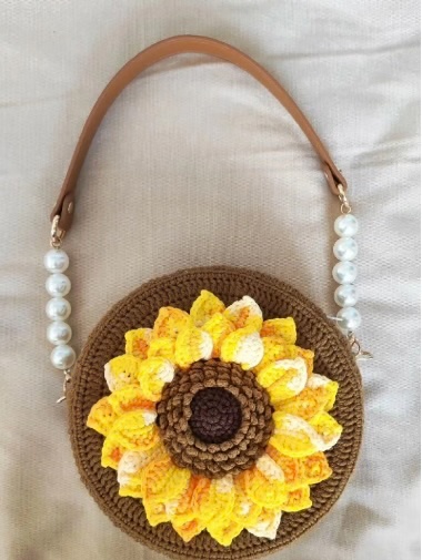 Handmade Crochet Sunflower Round Shoulder Bag with Pearl Strap