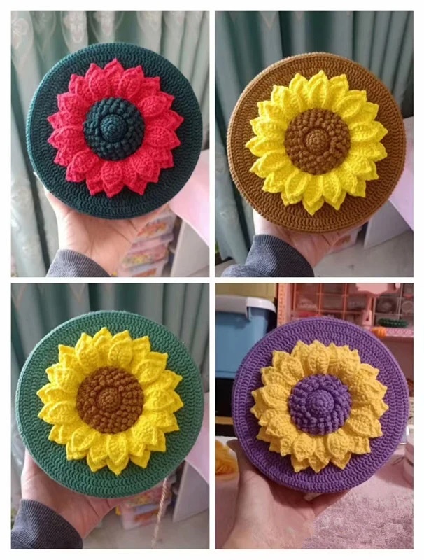Handmade Crochet Sunflower Round Shoulder Bag with Pearl Strap