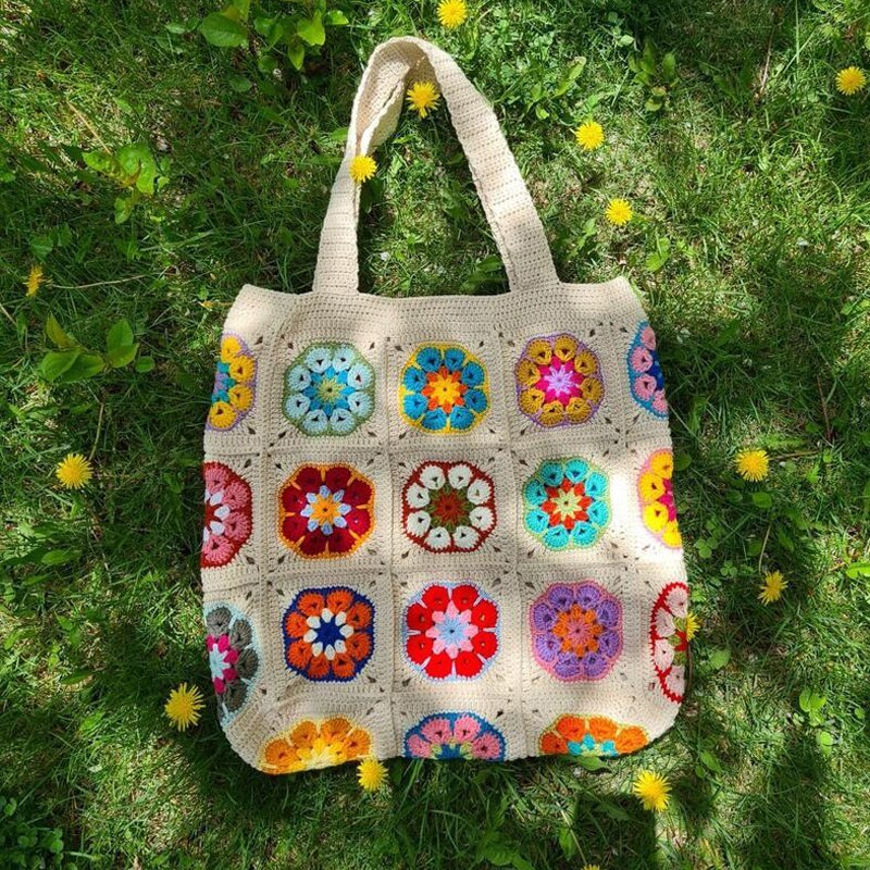 Boho Handmade Crochet Flower Patchwork Tote Bag