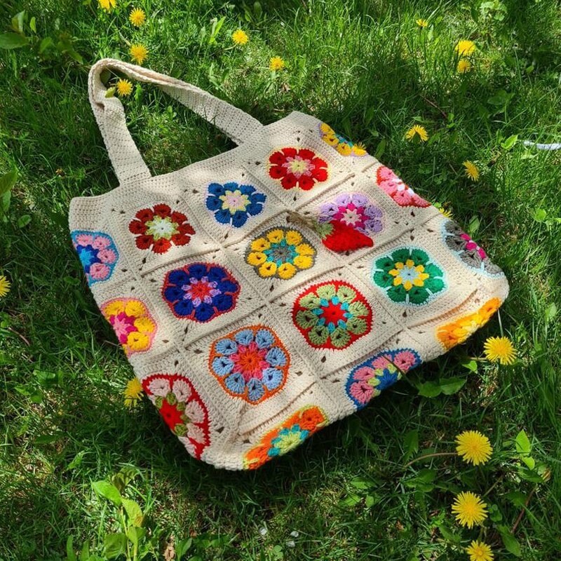 Boho Handmade Crochet Flower Patchwork Tote Bag