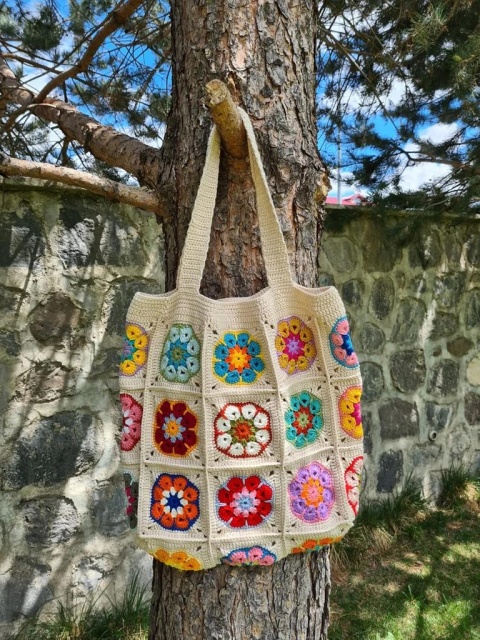 Boho Handmade Crochet Flower Patchwork Tote Bag