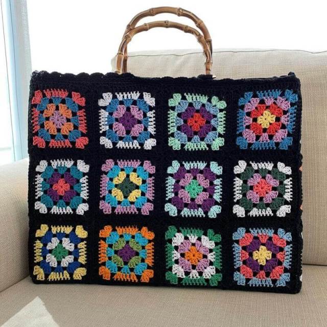 Retro Granny Square Crochet Tote Bag with Bamboo Handles