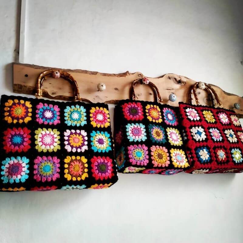Retro Granny Square Crochet Tote Bag with Bamboo Handles