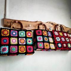 Retro Granny Square Crochet Tote Bag with Bamboo Handles