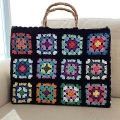 Retro Granny Square Crochet Tote Bag with Bamboo Handles