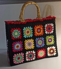 Retro Granny Square Crochet Tote Bag with Bamboo Handles