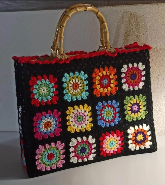 Retro Granny Square Crochet Tote Bag with Bamboo Handles