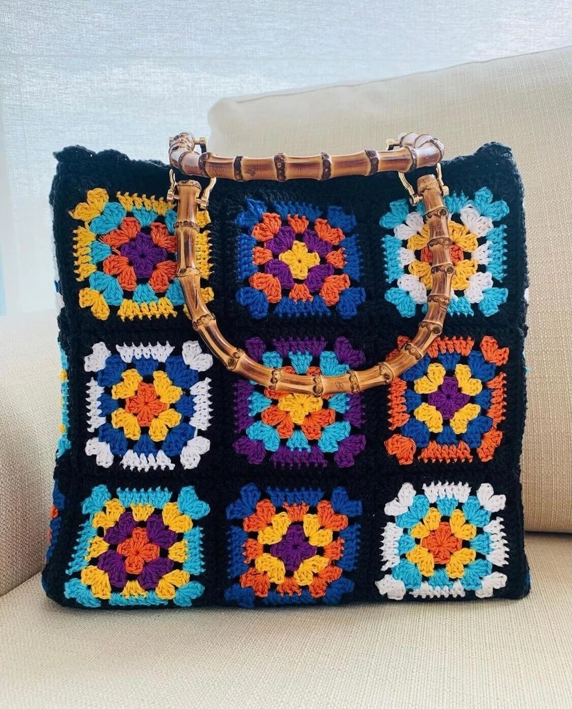 Retro Granny Square Crochet Tote Bag with Bamboo Handles