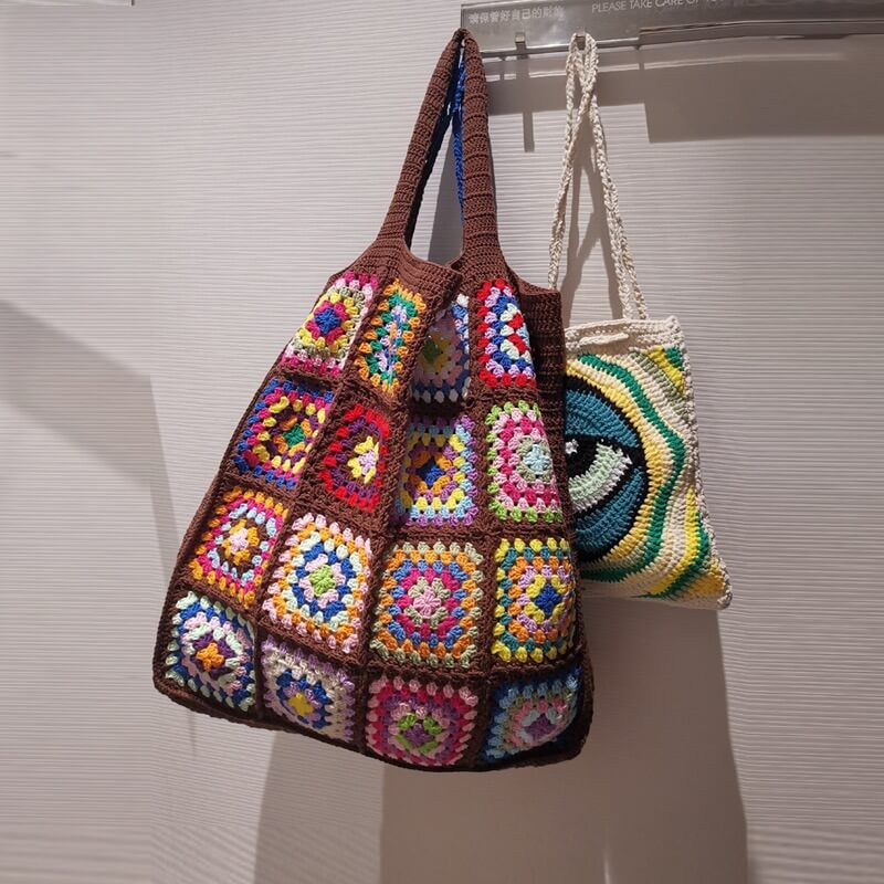 Boho Patchwork Crochet Tote Bag & Abstract Eye Crochet Shoulder Bag – Handmade Collection
